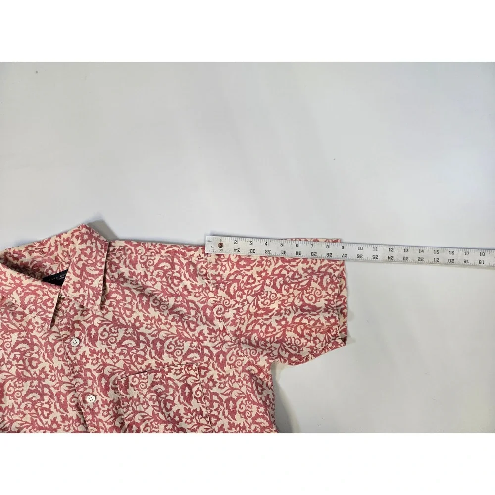 Banana Republic Mens Small Red Cream Damask Scroll Print‎ 100% Linen SS Shirt